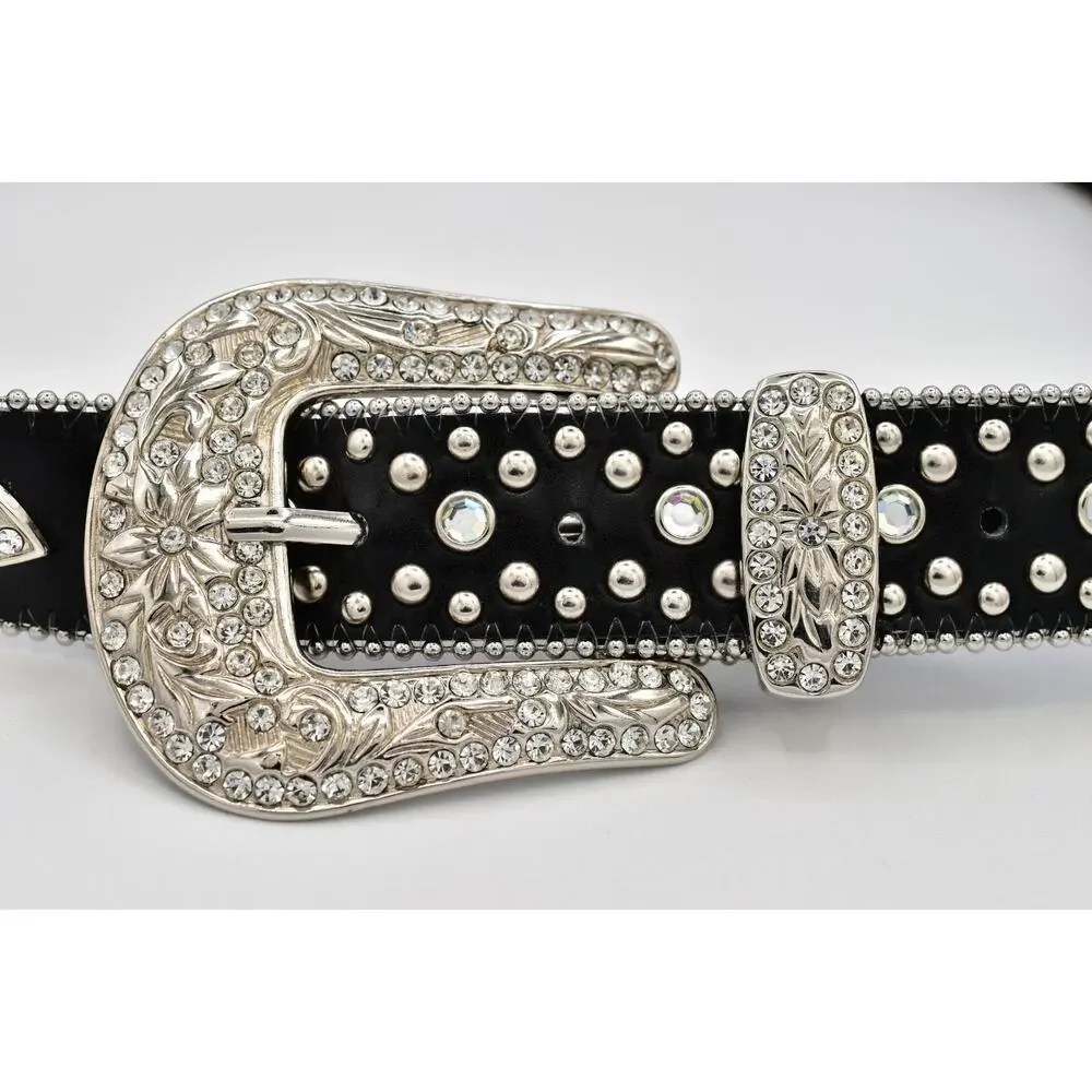 Black Genuine Leather Rhinestone Western Belt M/L Silver Studded Crystal Y2K